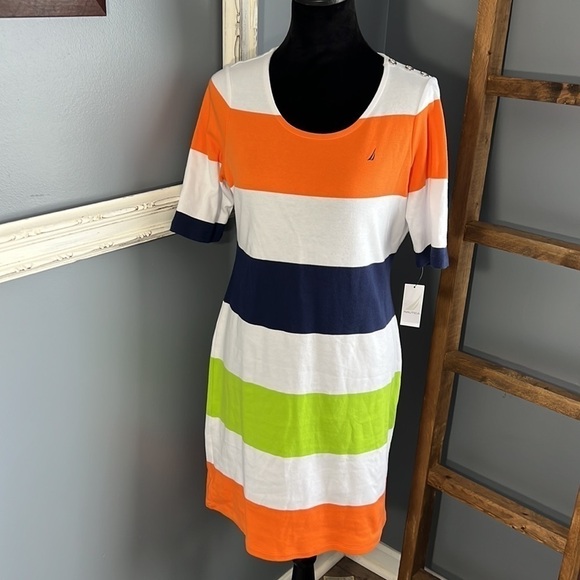Nautica Multi Color Block Shirt Dress Button Detail Summer Office Sz M NWT - Picture 2 of 9